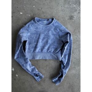 AYBL Women's Cropped Long Sleeve Top‎ Blue Camo Athletic Gym Workout Thumb Hole